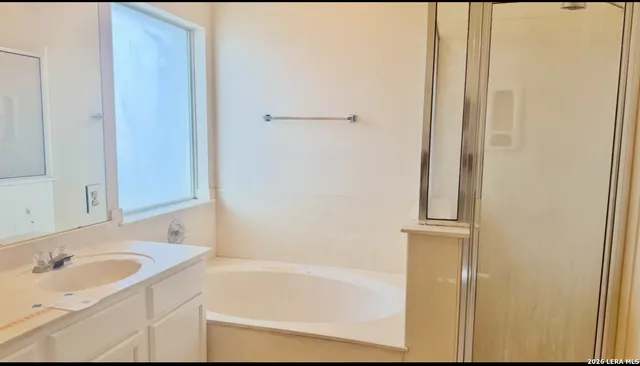 a bathroom with a tub sink vanity and mirror