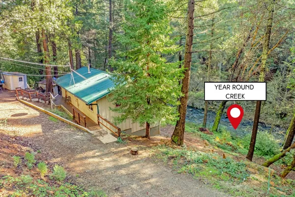a view of outdoor space with signage and flags