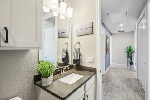 a bathroom with a sink a toilet a mirror and vanity