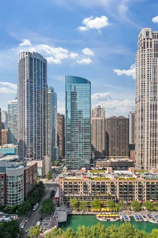 a view of a city with tall buildings