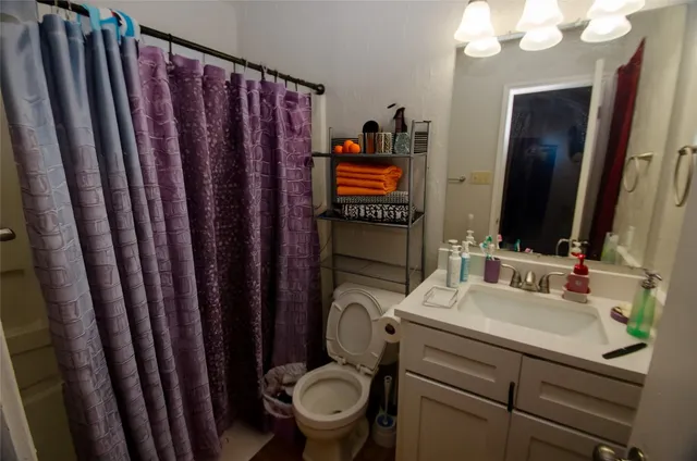 a bathroom with a toilet sink and mirror