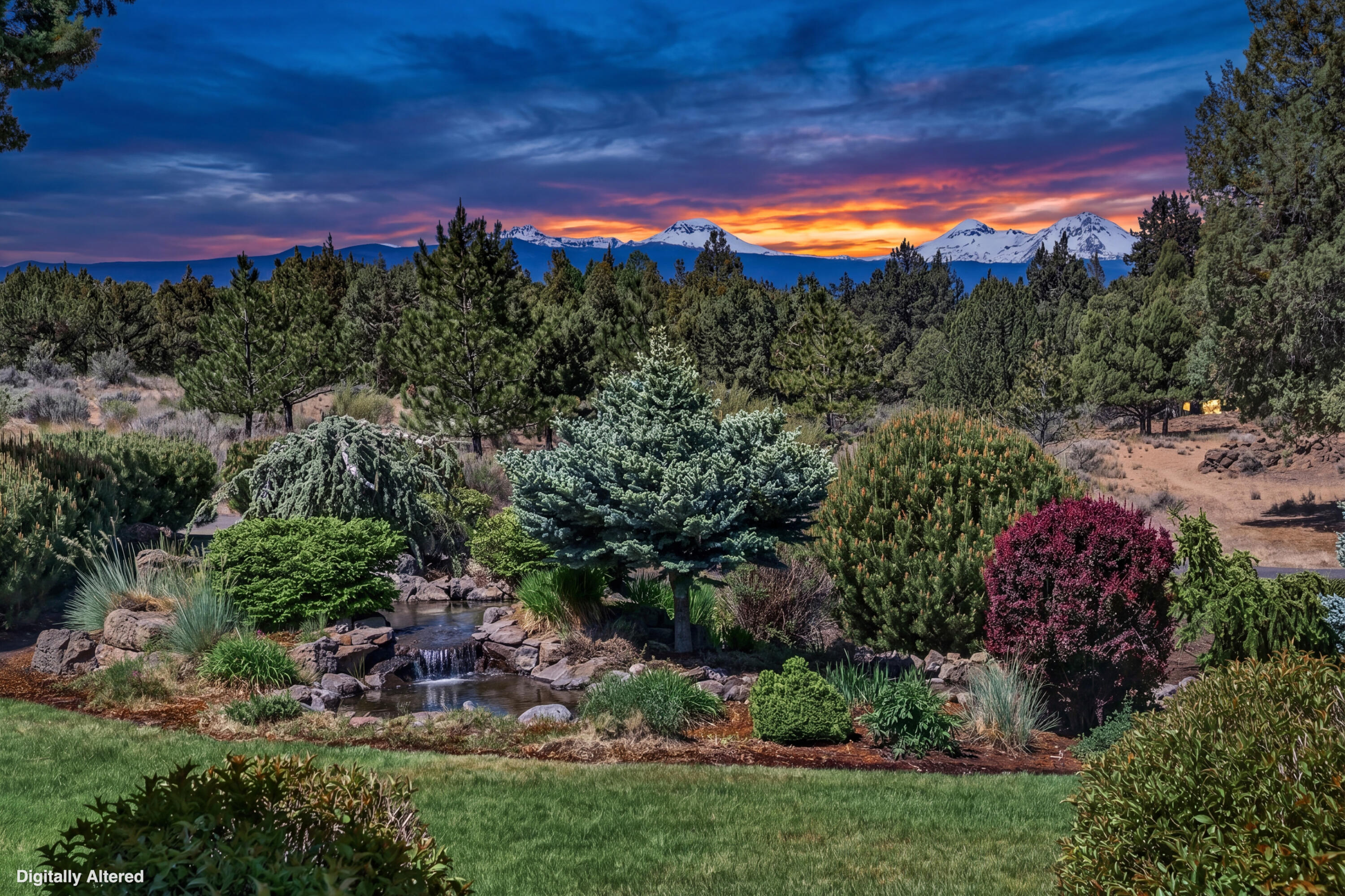 64145 Hunnell Road Bend, OR 97703 - Photo 3 of 65 Full Cascade Mountain range views stretch beyond the landscaped grounds, where a pond, waterfall and mature plantings create a beautiful foreground to this private Central Oregon acreage setting.