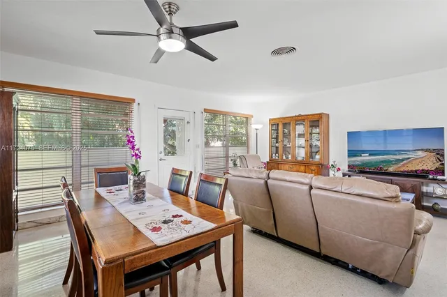 a living room with furniture a flat screen tv and a table