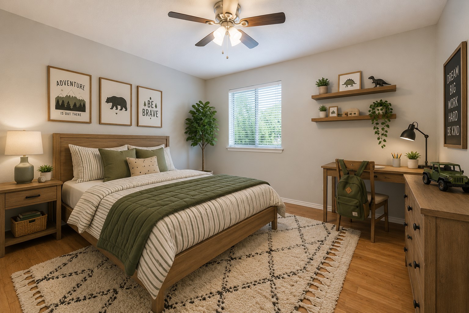 1507 Davis Mountain Loop Cedar Park, TX 78613 - Photo 18 of 30 Ai Virtual Staging: An inviting bedroom features warm wood tones, a ceiling fan, and decorative wall art.