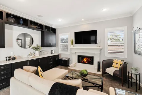 a living room with furniture chandelier and a potted plant