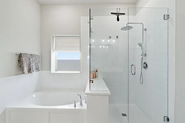 a bathroom with a bathtub and a shower