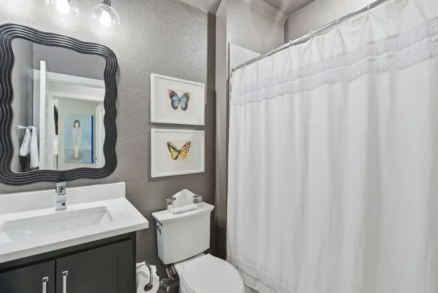 a bathroom with a sink a toilet and mirror