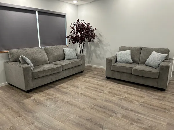 a living room with furniture and a potted plant