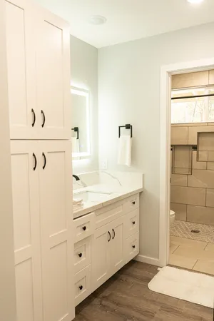 a bathroom with a double vanity sink a mirror and a shower