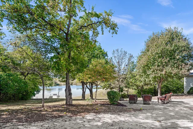 a view of a backyard with table and chairs potted plants and large tree