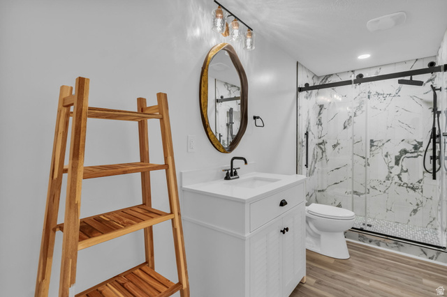 2454 West Jackson Street Mapleton, UT 84664 - Photo 39 of 63 Bathroom featuring a marble finish shower, vanity, and light wood-style flooring