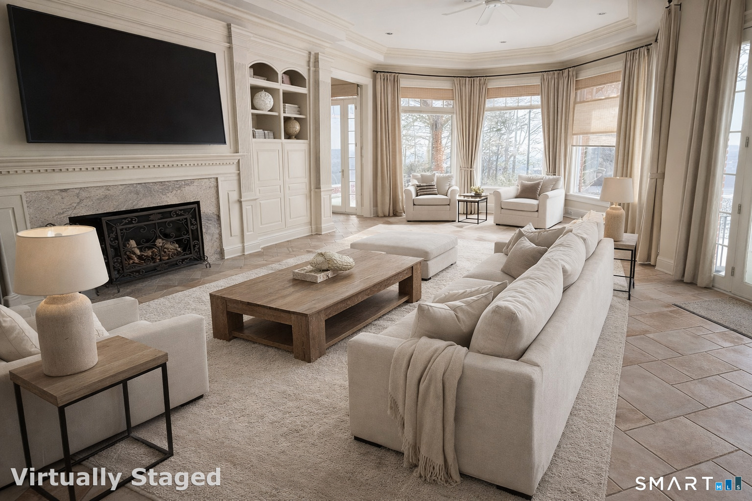 23 Robkins Road Avon, CT 06001 - Photo 11 of 40 a living room with furniture a flat screen tv and a fireplace