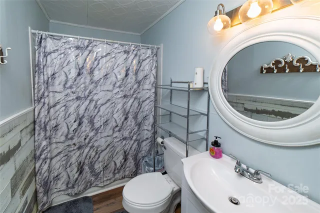 a white toilet sitting next to a sink and a shower curtain