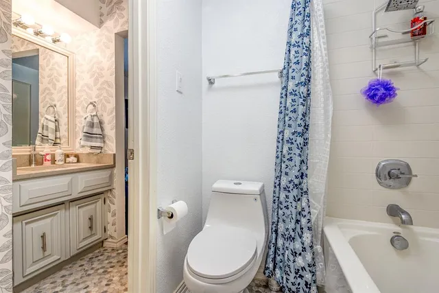 a bathroom with a sink a toilet and shower curtain