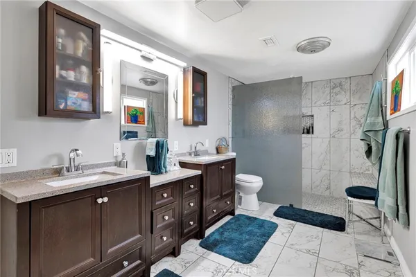 a bathroom with a double vanity sink toilet and shower