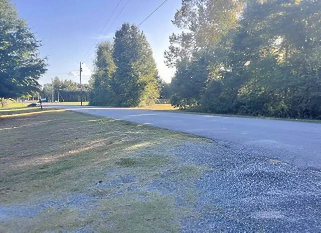 a view of a field with trees in the background