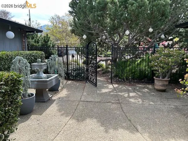 a view of a patio with chairs and potted plants