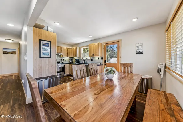 a view of a dining room with furniture