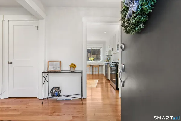 a view of a hallway with wooden floor and a potted plant