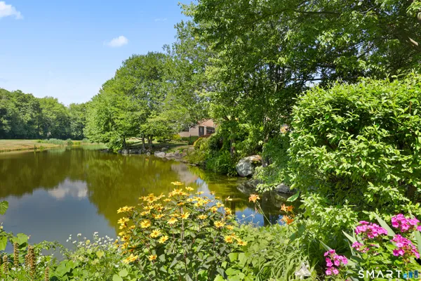 a view of a house with a yard and potted plants