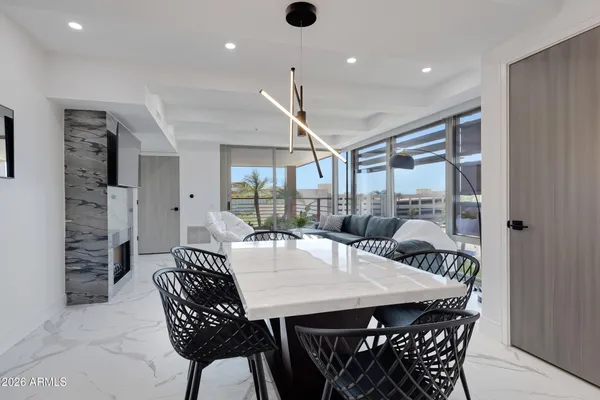 a view of a dining room with furniture