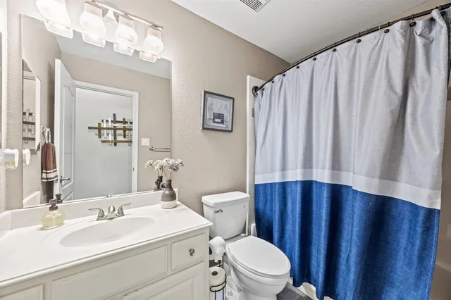 a bathroom with a sink a toilet a mirror and shower curtain