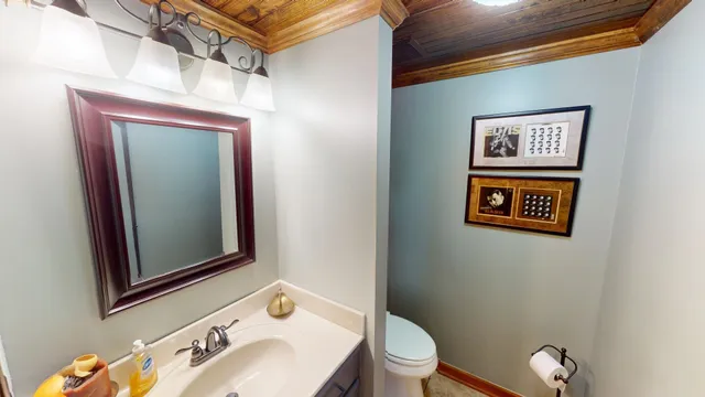 a bathroom with a sink mirror and toilet