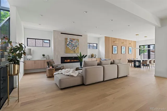 a living room with furniture and a potted plant