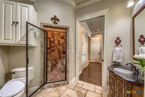 a bathroom with a granite countertop sink toilet and shower