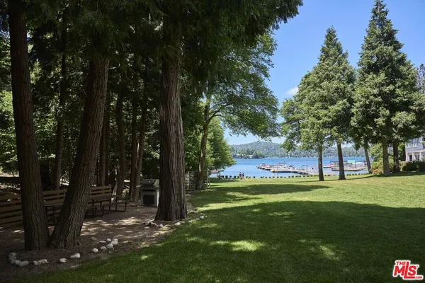 a view of a backyard with a slide and swing