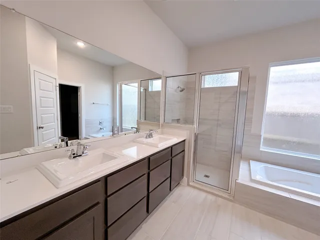 a bathroom with a double vanity sink mirror and shower