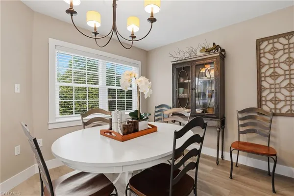 a view of a dining room with furniture window and outside view