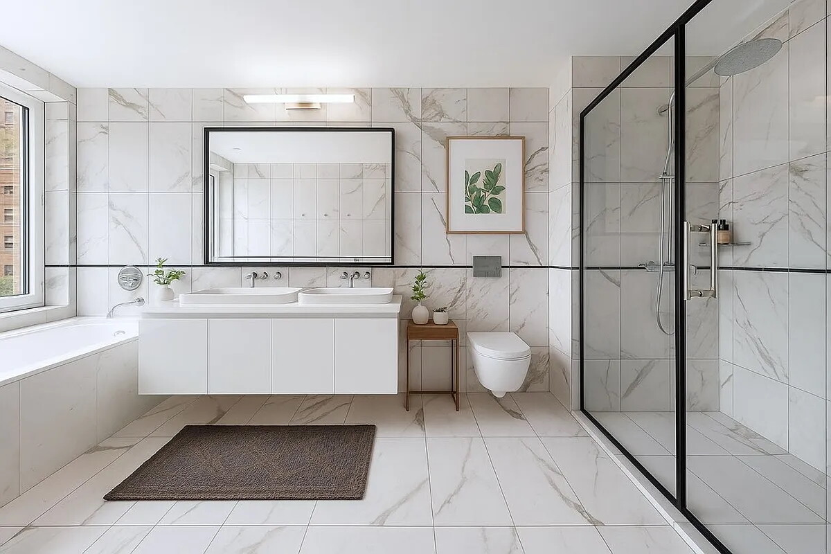 427 East 90th Street, Unit PH9 Manhattan, NY 10128 - Photo 10 of 37 a bathroom with a sink a mirror and a bathtub