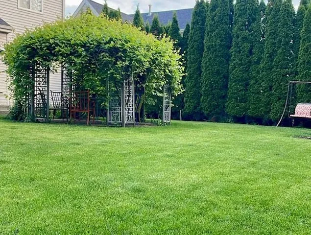 a backyard of a house with lots of green space and chair