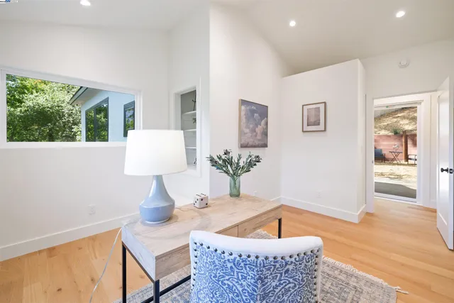 a living room with furniture and a potted plant