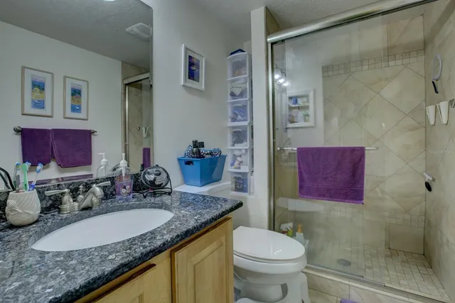 a bathroom with a granite countertop sink a toilet a mirror and shower