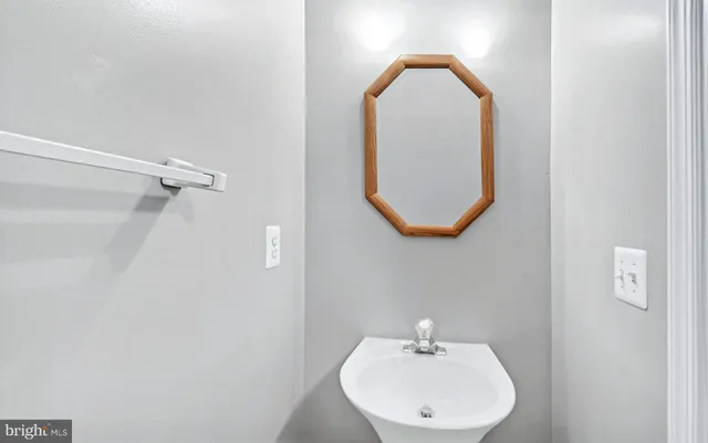 a bathroom with a sink mirror and vanity
