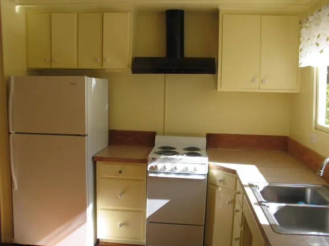 a kitchen with a refrigerator and a sink