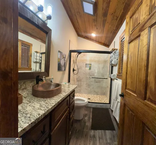 a bathroom with a granite countertop sink a toilet and shower