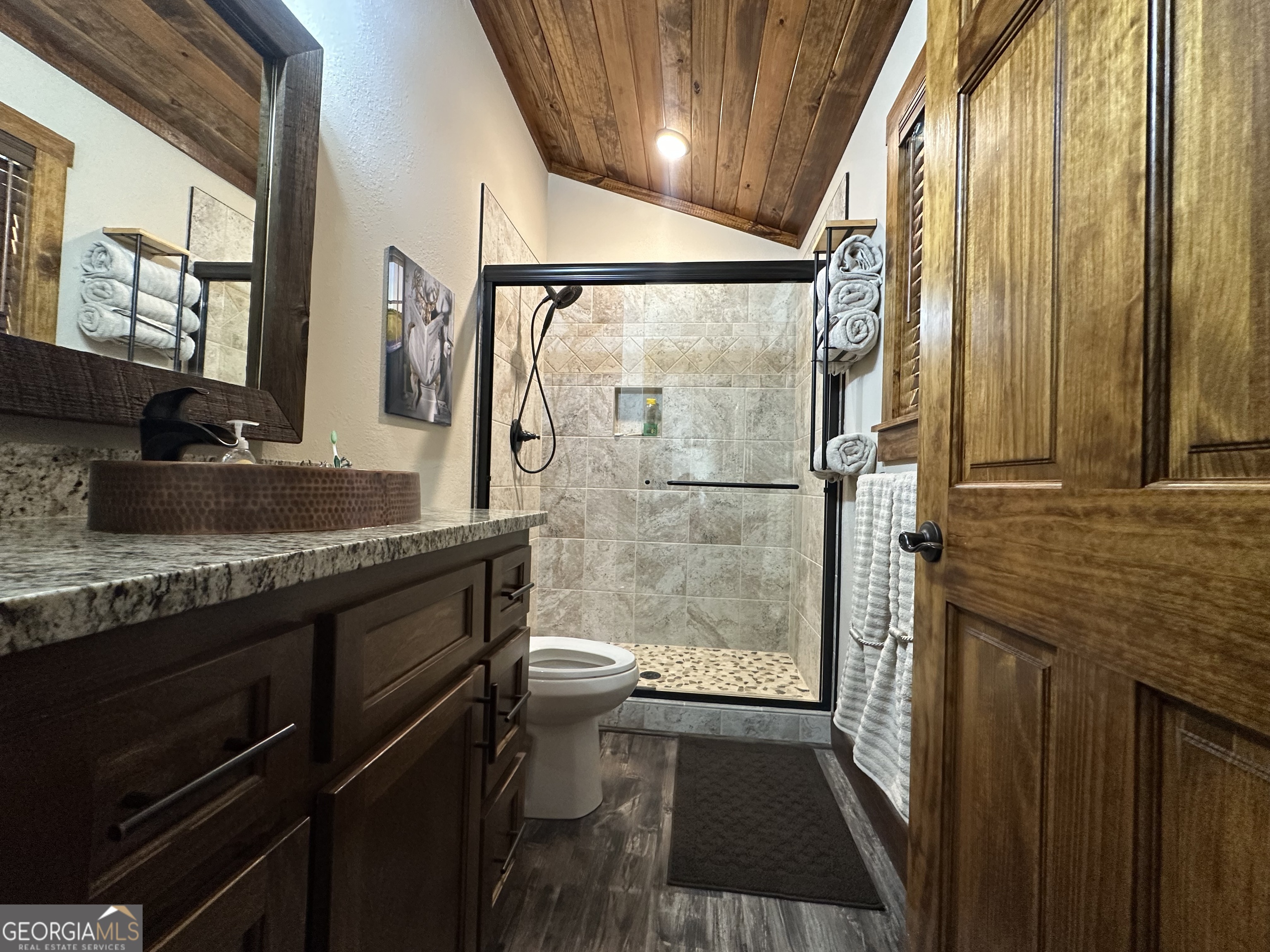 68 Sand Rdg Road Rhine, GA 31077 - Photo 25 of 54 a bathroom with a granite countertop sink a toilet and shower