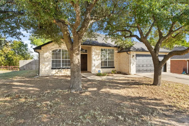 a view of a yard in front of a house with a large tree