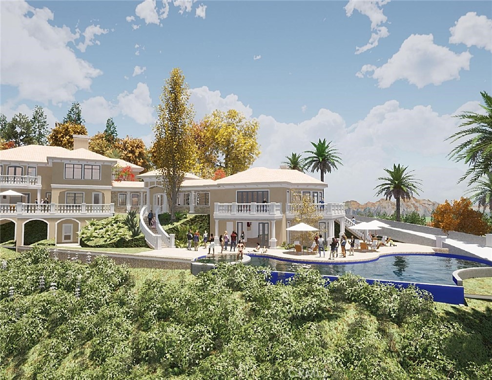 a front view of a house with garden and houses