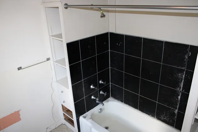 a bathroom with a shower and a sink