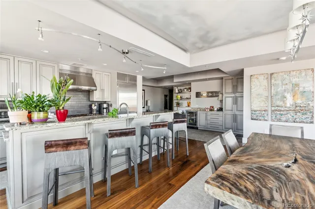 a large kitchen with lot of counter top space