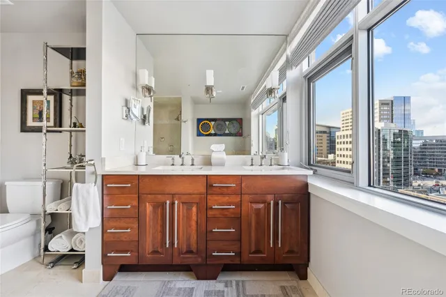 a view of a city from a dining room