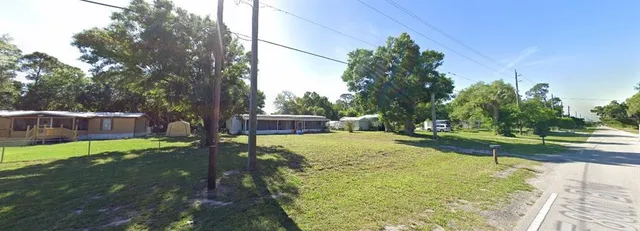 a view of a yard with plants and trees