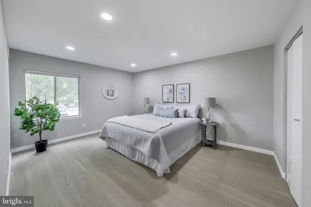 a spacious bedroom with a large bed and potted plant