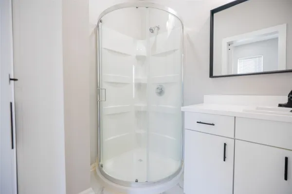 a bathroom with a mirror a sink and a shower