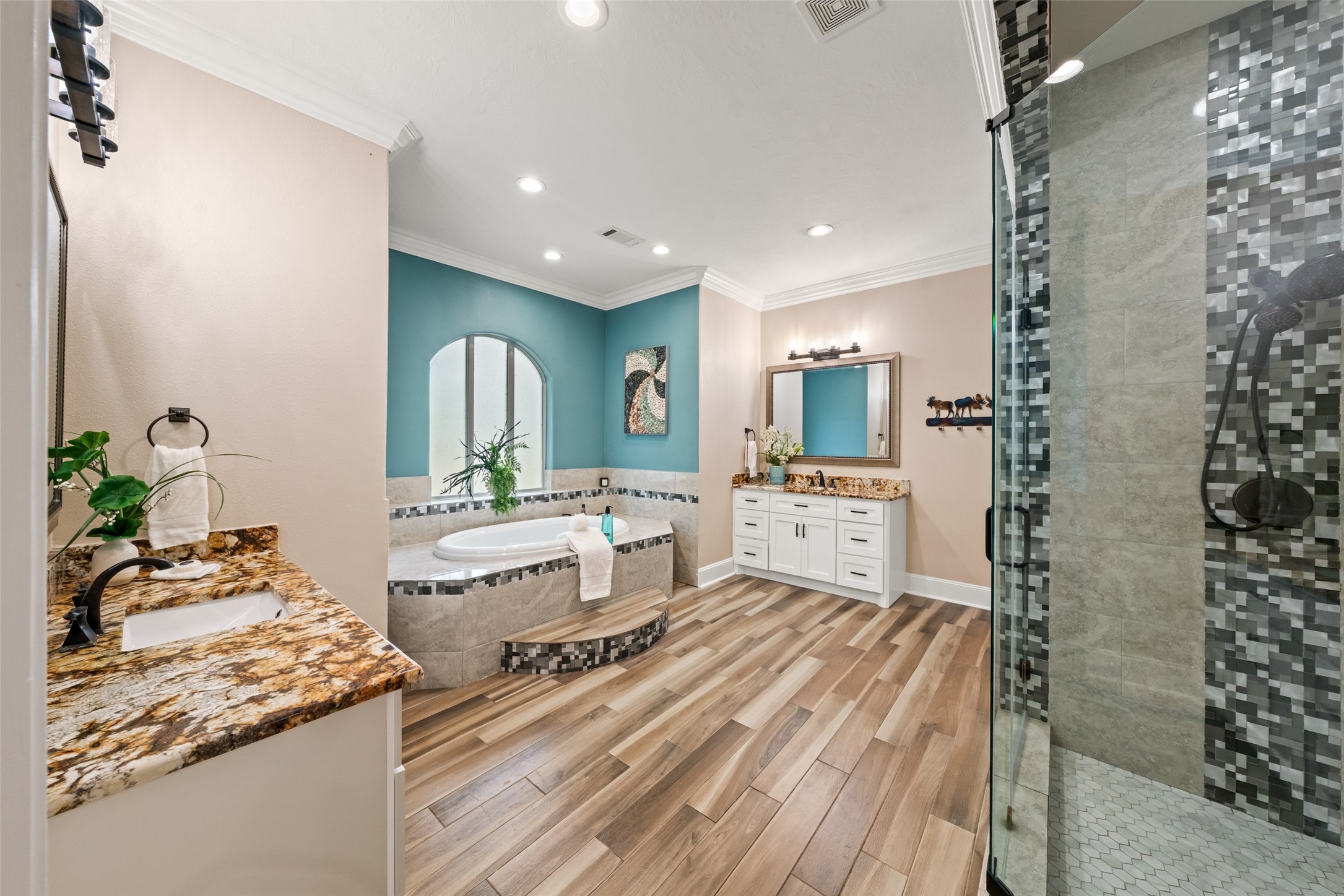 32660 Willow Bend Road Waller, TX 77484 - Photo 46 of 47 Beautifully appointed bath featuring an extended vanity with abundant cabinetry, generous counter space, decorative finishes, and a glass-enclosed shower.