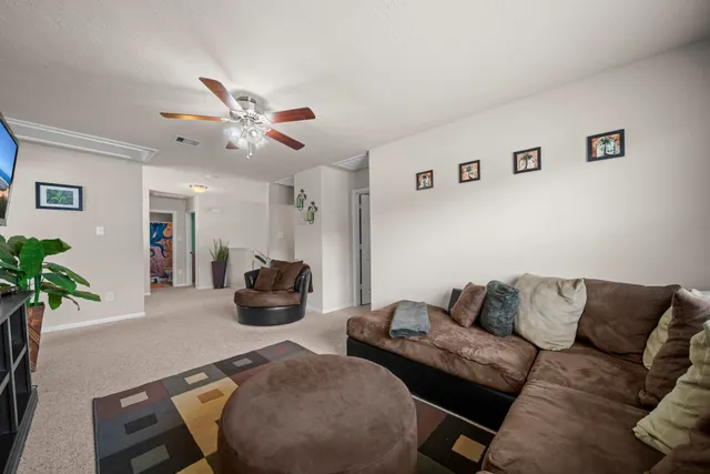 a living room with furniture and a potted plant